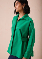 A Model Wearing Green Poplin The Evergreen Wonder Classic Organic Cotton Shirt Blouse, curated by Only Ethikal